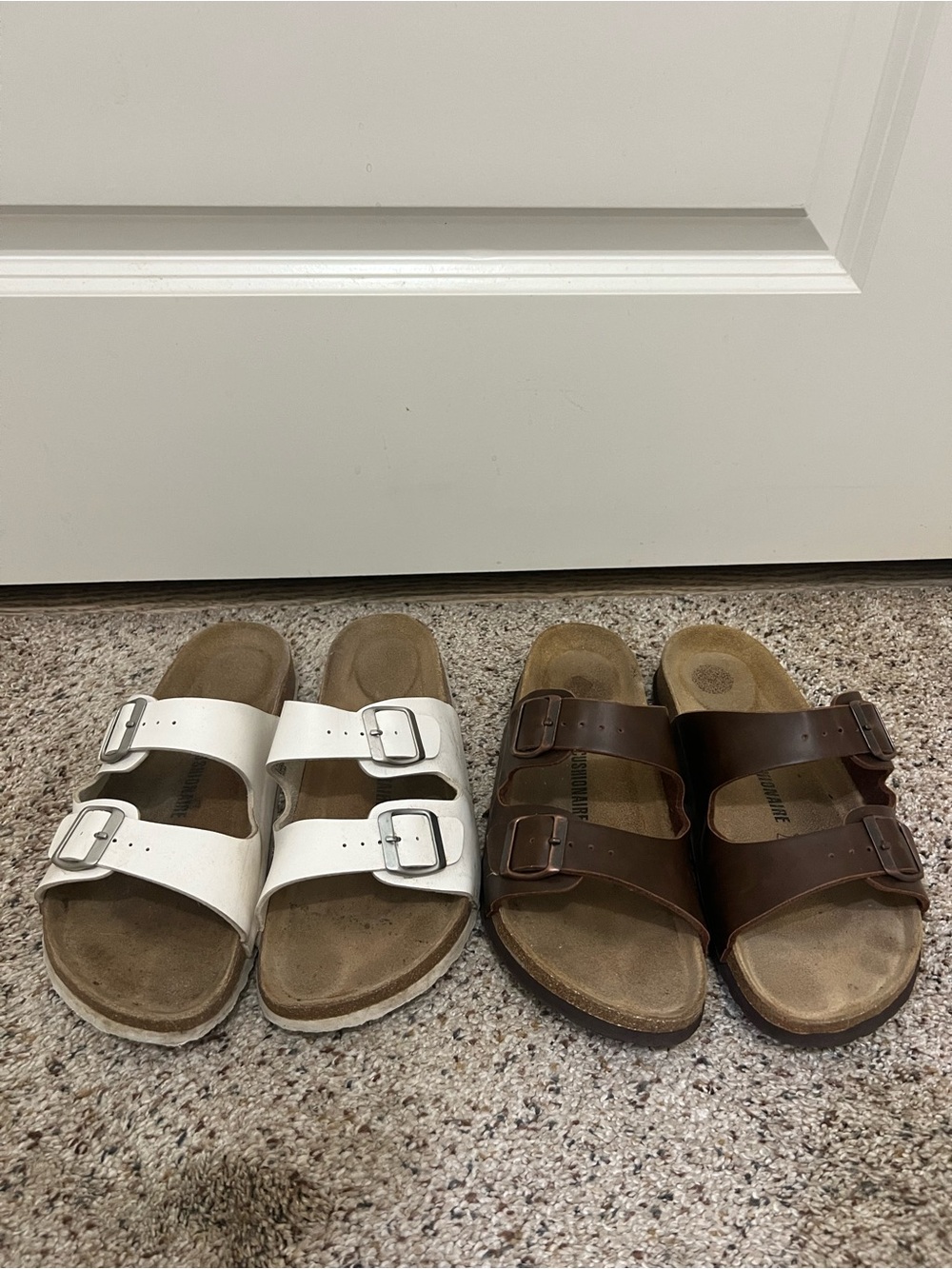 Classic Double-Buckle Sandals in White and Brown